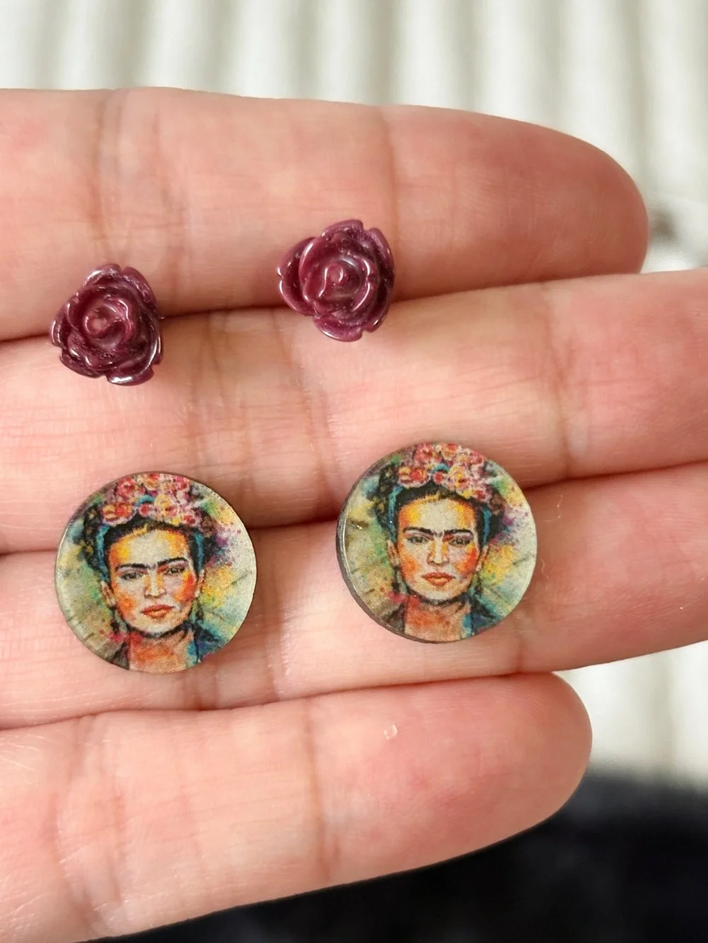 Frida Kahlo Portrait Stud Earrings & Rose Studs Bundle Set